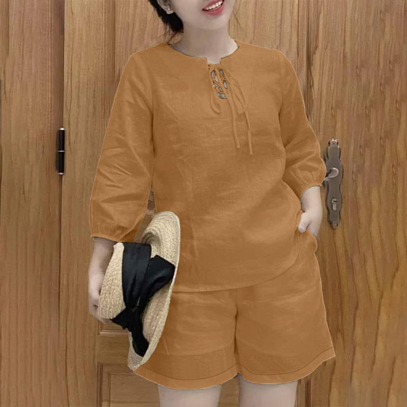 ZANZEA Women Long Sleeve Blouse and Shorts Summer Two Piece Suit Sets