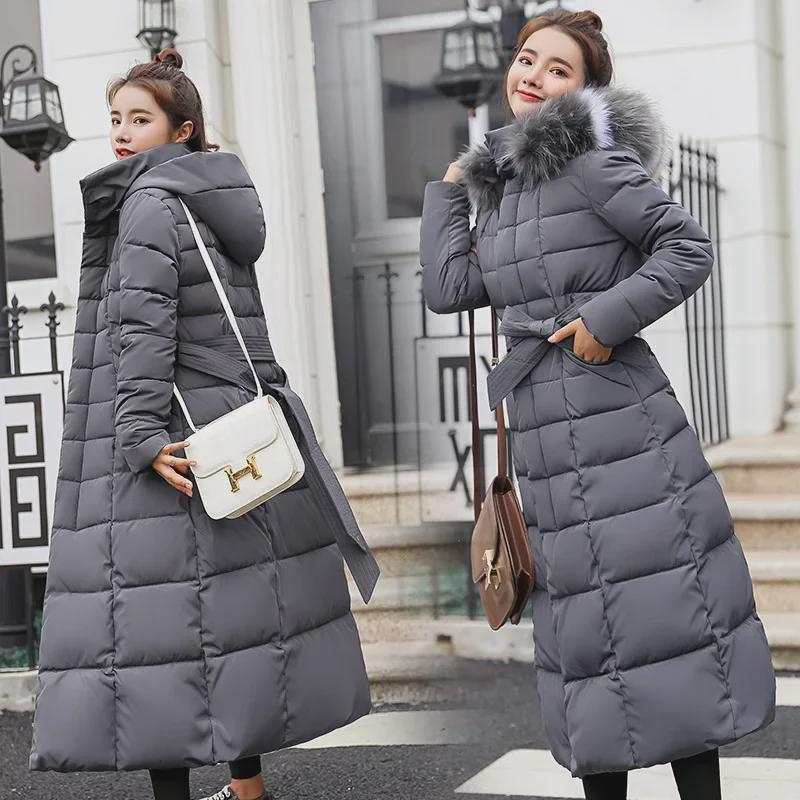 Women's Long Hooded Lace-Up Cotton Coat with Fur Collar - Korean Style, Thick & Warm, Over-the-Knee.