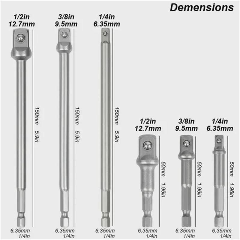 

6pcs/Set 1/2 3/8 1/4 Hexagonal Handle Shank Adapter Sleeve Connection Conversion Rod Square Head Socket Extension Rod