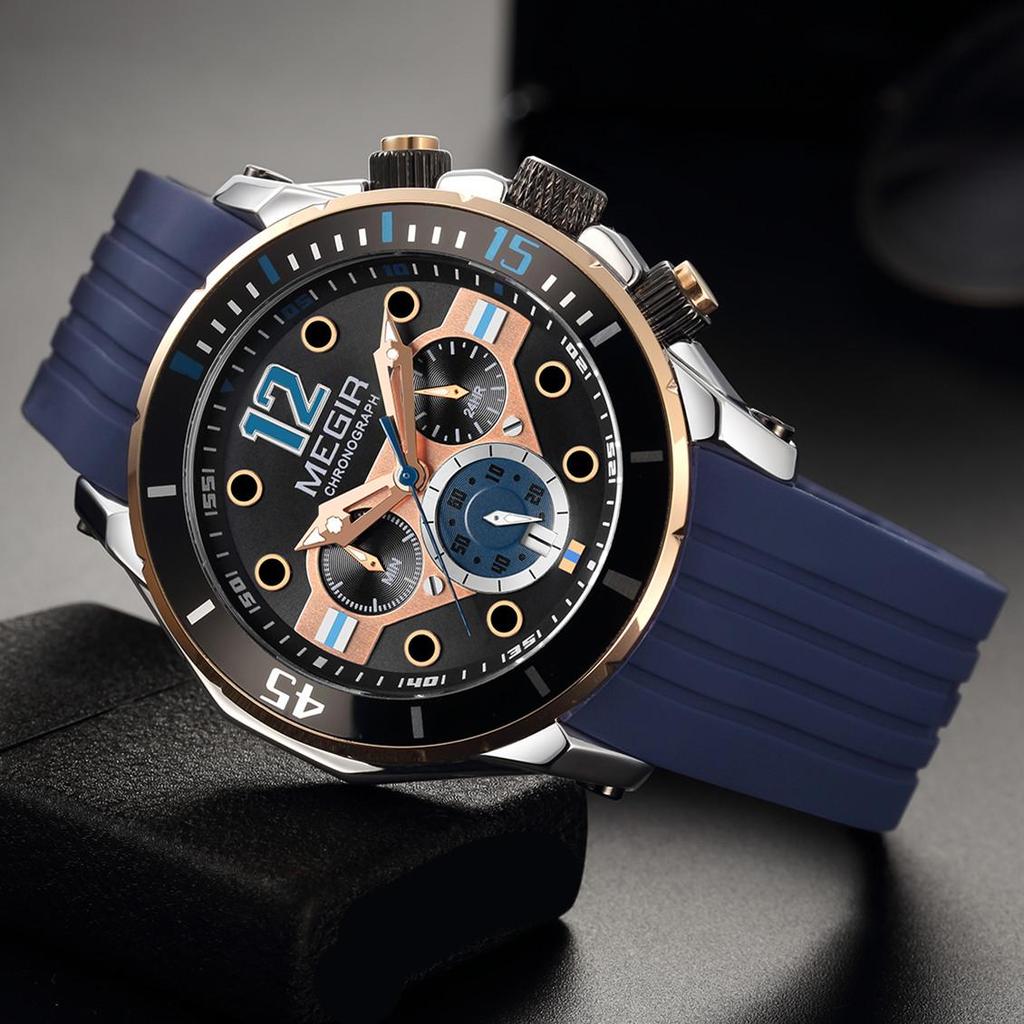 Megir Herren-Business-Arbeits-Analog-Quarz-Armbanduhr mit Edelstahlband, Kalender, Stoppuhr, leuchtend, für die Sammlung