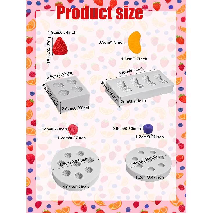 Fruit Shaped Silicone Molds, 3D Strawberry Orange Raspberry Blueberry Fondant Mold, Fruit Mold for Candy Jelly Cake Decor Soap Resin DIY Baking Tool