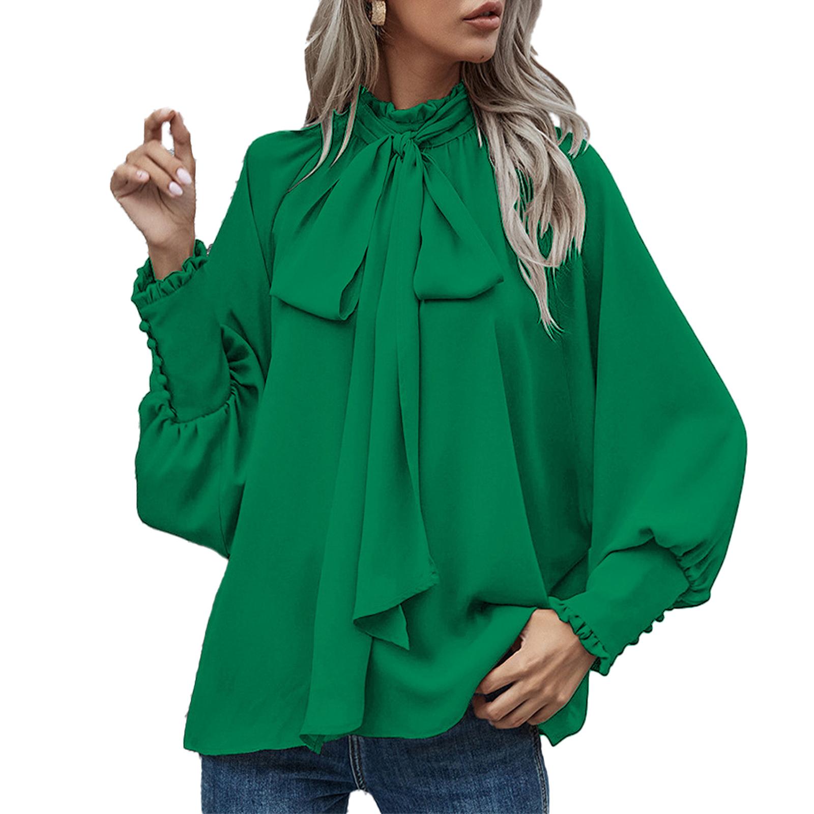 

Women s Loose Comfortable Casual And Fashionable Round Neck Bow Button Tied Long Sleeved Shirt L