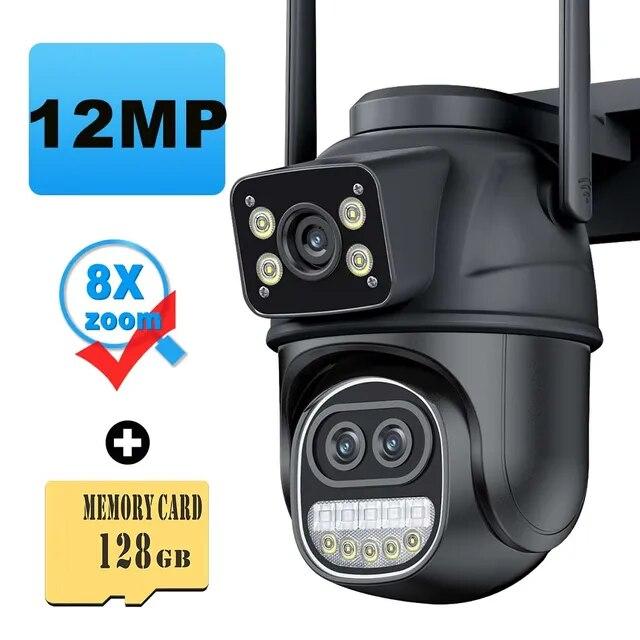 2025 New 12MP 6K WiFi IP Camera Outdoor Three Lens Dual Screens 8X Zoom CCTV PTZ Video Cam Auto Tracking Security Protection Surveillance