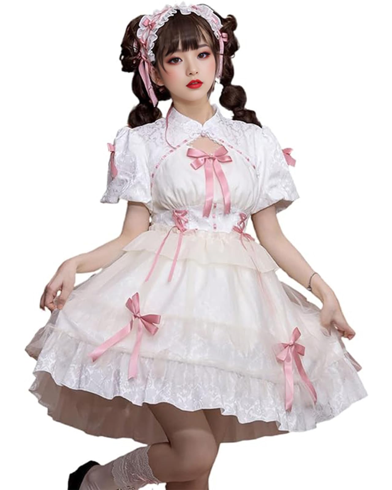 

JIURUN Косплей Лолита Готическая Лолита Костюм с 3D-панелью Аниме Галстук-бабочка Плюс Мори Милая Готическая Женственный Размер Цельный узор, Рюши, Швы, белый