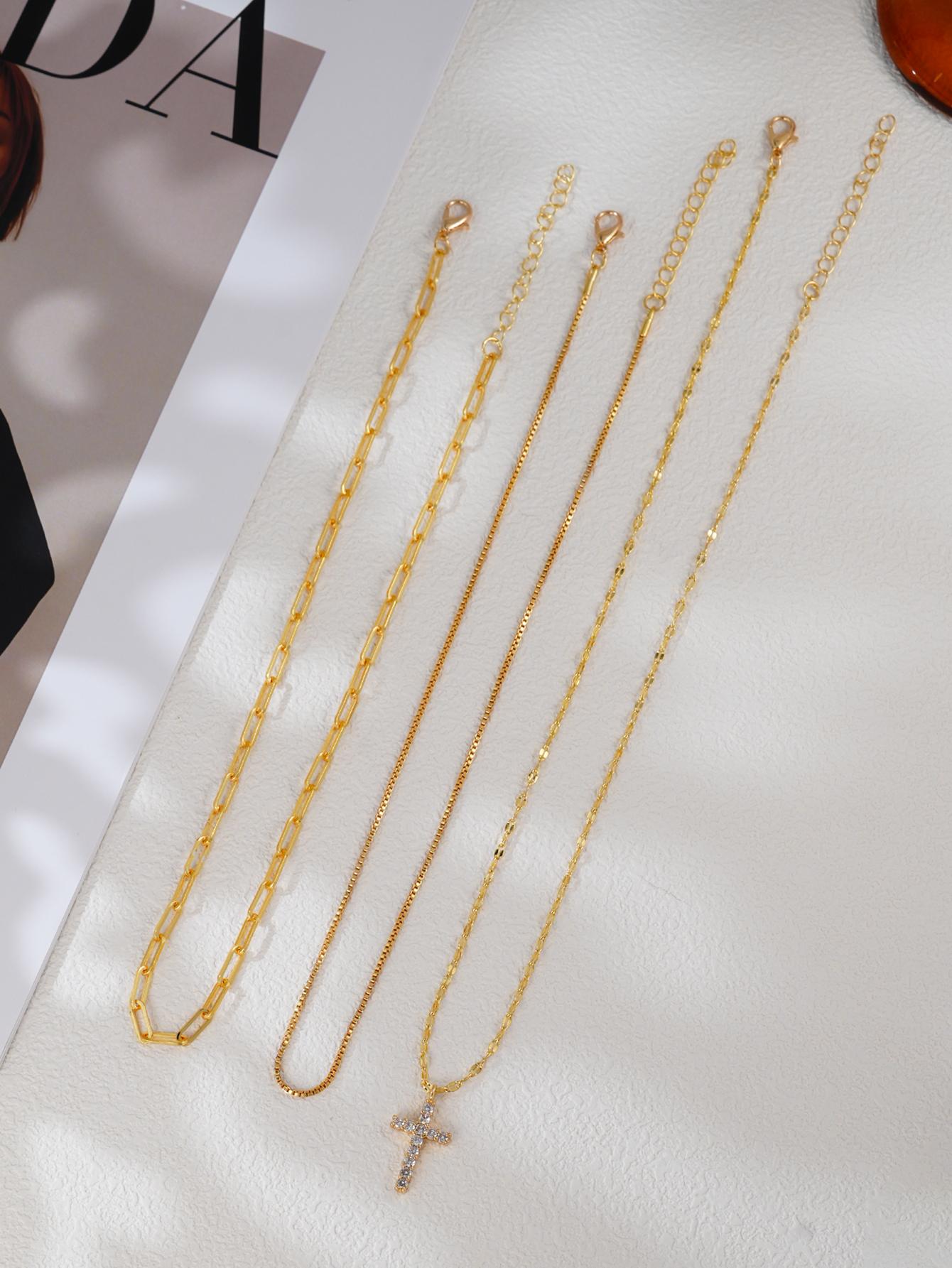 Minimalism Plated Layered Cross Necklace Set Cubic Zirconia Pendant Paperclip Chain Dainty Stackable Choker Fashion Jewelry золотистый