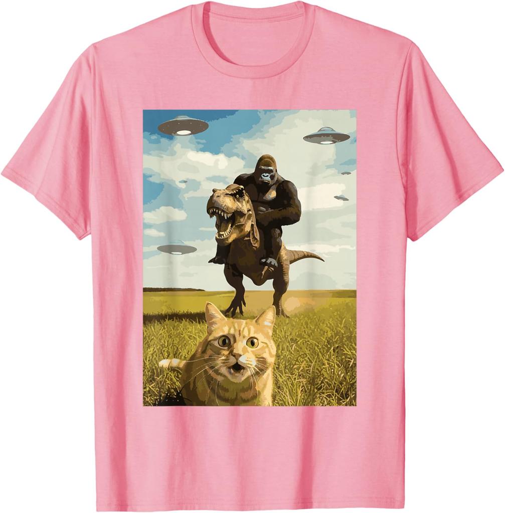 Gorilla Riding T Rex with Cat UFO Meme Graphic Tee Funny Casual Crewneck TShirt for Men