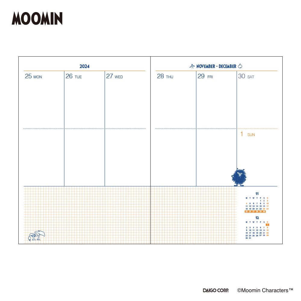 Daigo 2025 Planner, Moomin Monthly/Weekly, B6, Pink, E6213, 2024 December Start