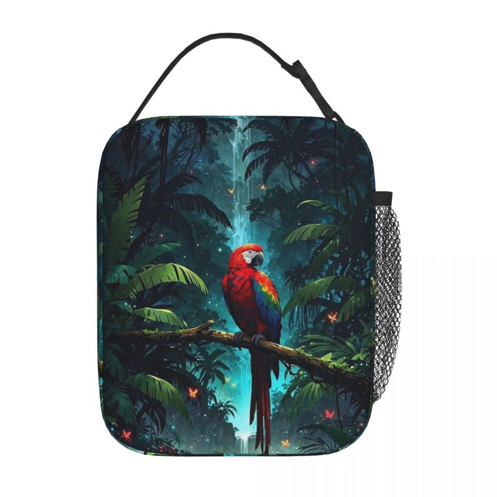 Tropisches A-Wald-Papageien-Design Isolierte Lunchtasche für Damen Kinder Tragbare Lebensmittelboxen Thermische Lunchbox Tragetasche
