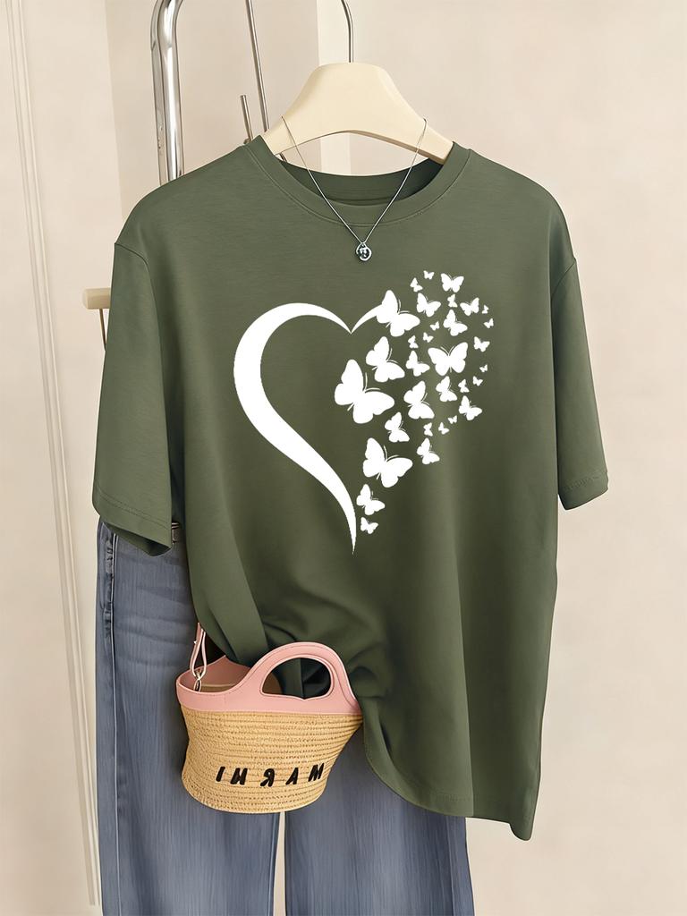 Butterfly Heart Printed T-Shirts Womens Casual Loose T Shirts O-Neck Soft Short Sleeve Tops Summer Comfortable Woman Clothes