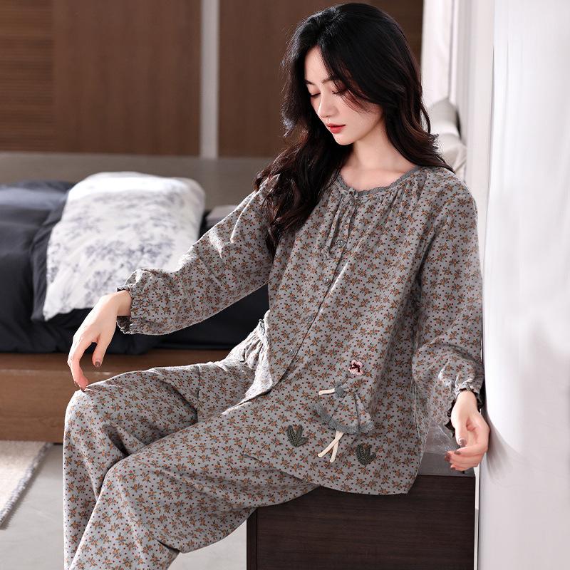 Pajamas women spring and autumn autumn pure cotton long-sleeved mother autumn cotton middle-aged large-size cardigan loungewear set