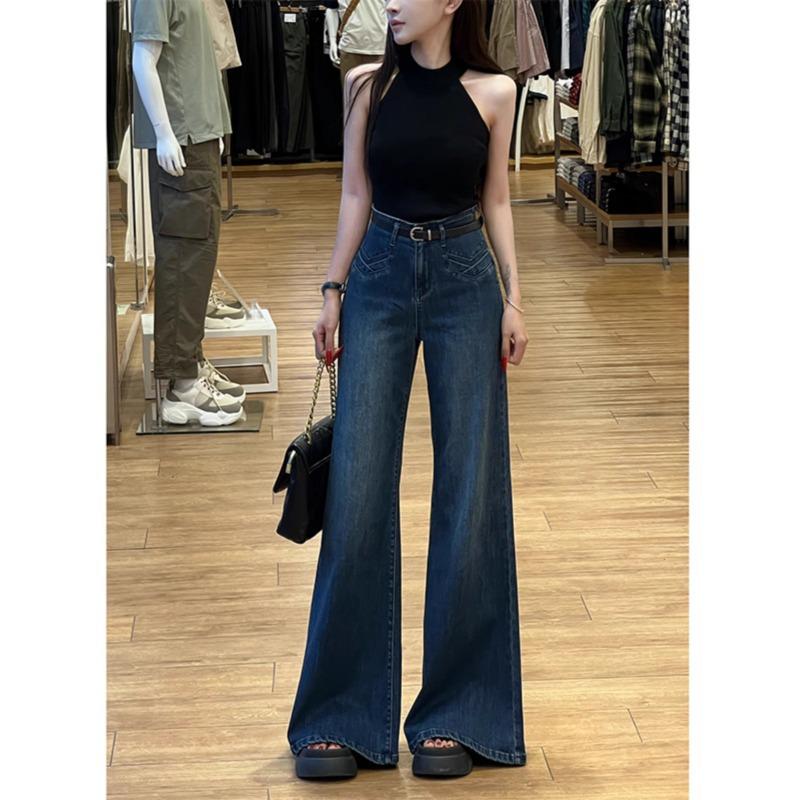 Women s Dark Blue Retro High-Waist Wide-Leg Flare Jeans - Spring 2025 Hong Kong Style 3XL 145-160 lbs