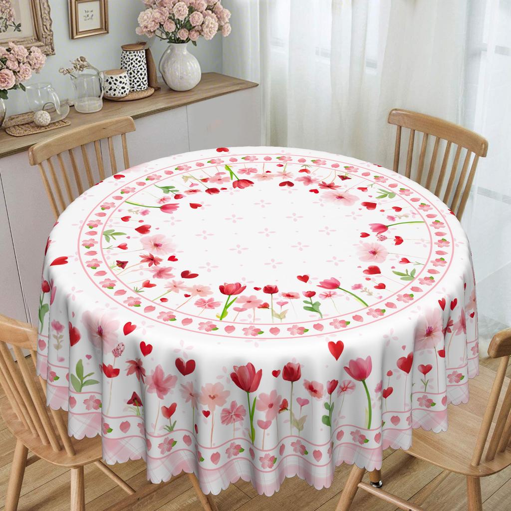 Valentine'S Day Pink Flower Cloth Round Table Cloth, Love + Flower Pattern, Lace Long Table Cloth, Home Restaurant Decoration