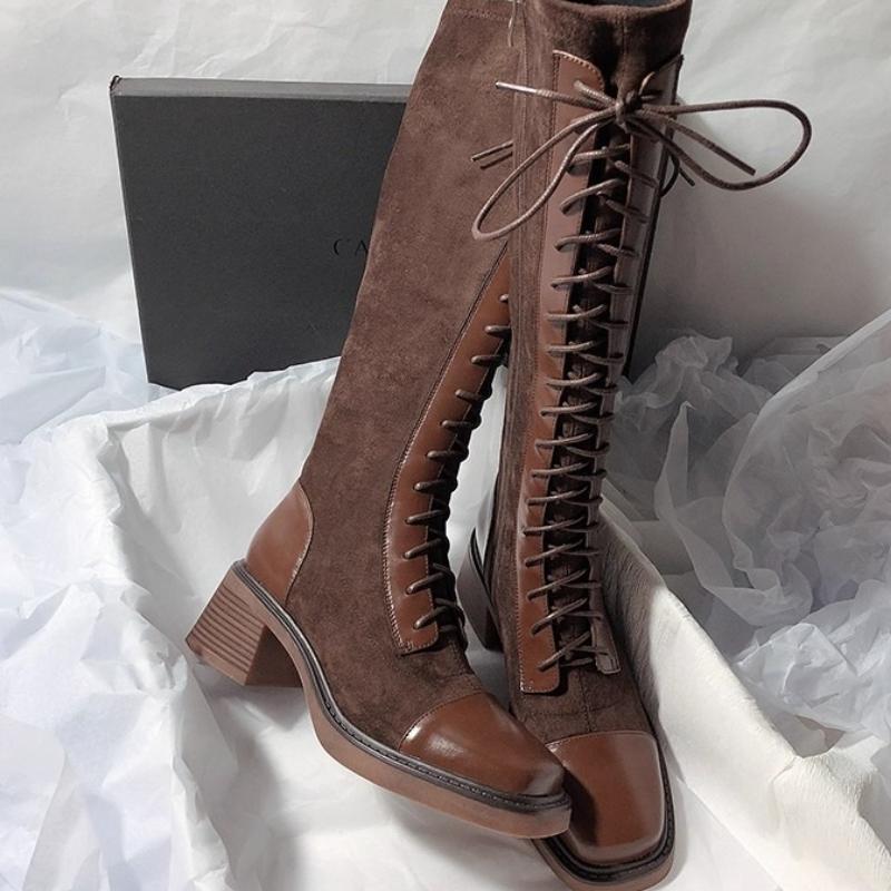 High Heels Women Long Boots Chunky Lace Up Designer Shoes Fashion Winter Dress Luxury Pumps 2025 Goth Chelsea Botas  Shoes
