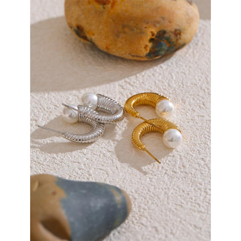 Yhpup Stylish Unique Stainless Steel Pearls C-Shape Geometric Huggie Earrings Gold Silver Color Popular Jewelry Prevent Allergy