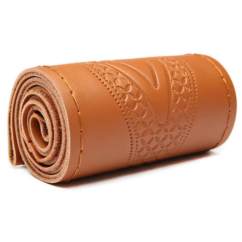 Genuine Leather Car Steering Wheel Cover Men Women Hand Sewing 14.5-15  Non-slip Embossed Steering Wheel Wrap Braid Cover коричневый
