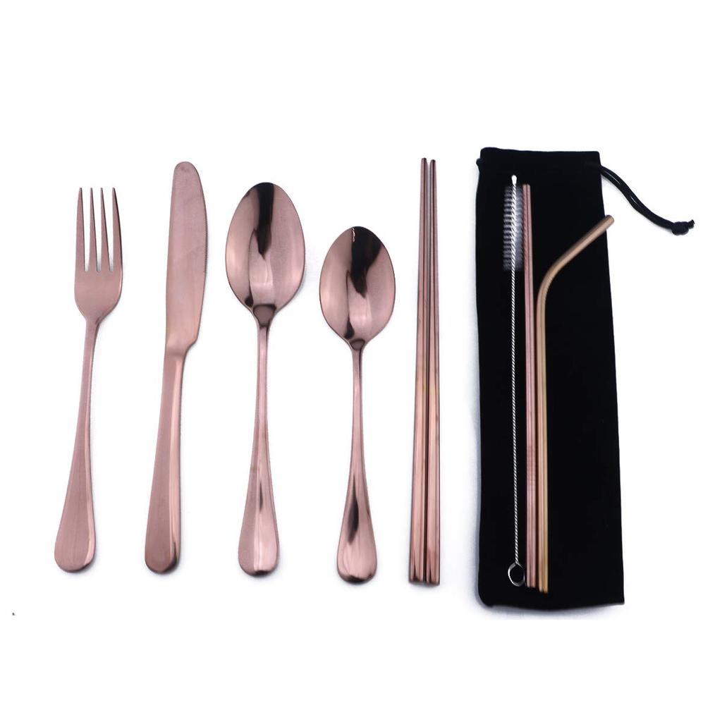 Portable Stainless Steel 8pcs/set Rainbow Dinnerware Set 18/10 Spoon Fork Chopsticks Straw Travel Camping Cutlery With Pouch