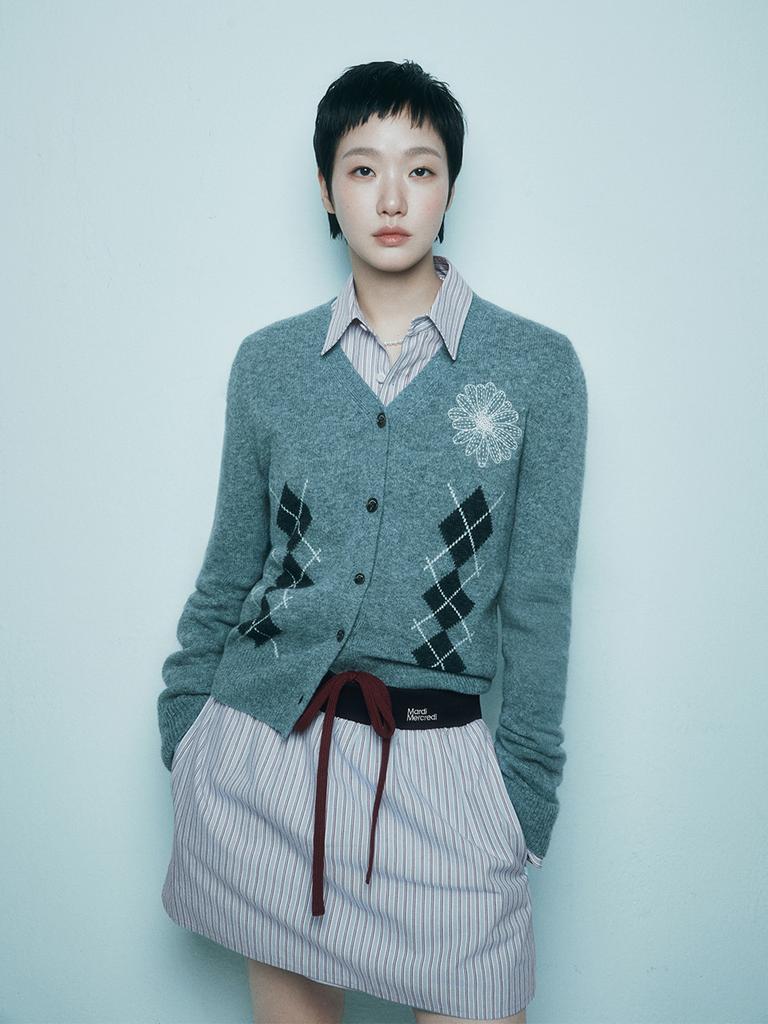 [mardimercredi] Cashmere Blended Cardigan V Neck Argyle Grey Cream