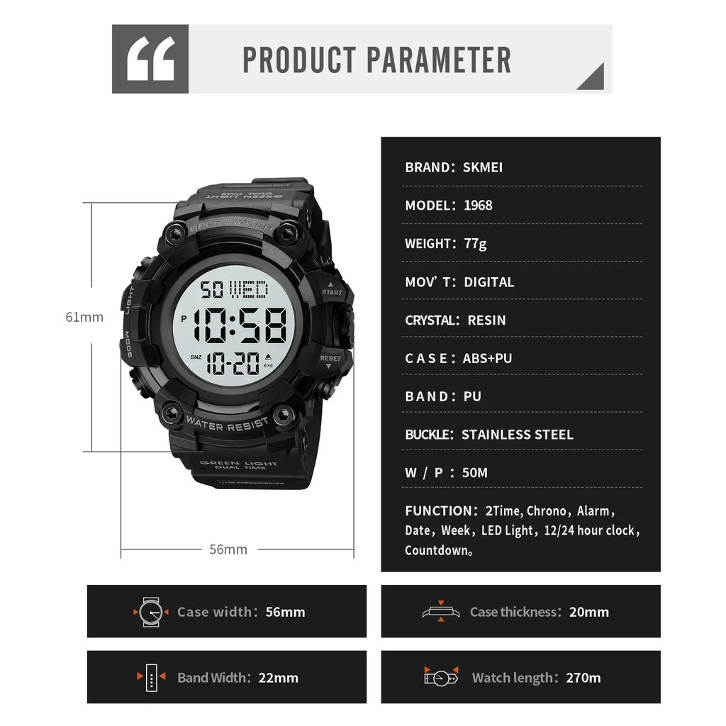 1968 Luxury Digital Stopwatch Military Alarm Clock LED Display Waterproof Wristwatch Sport Watch for Men Reloj Hombre