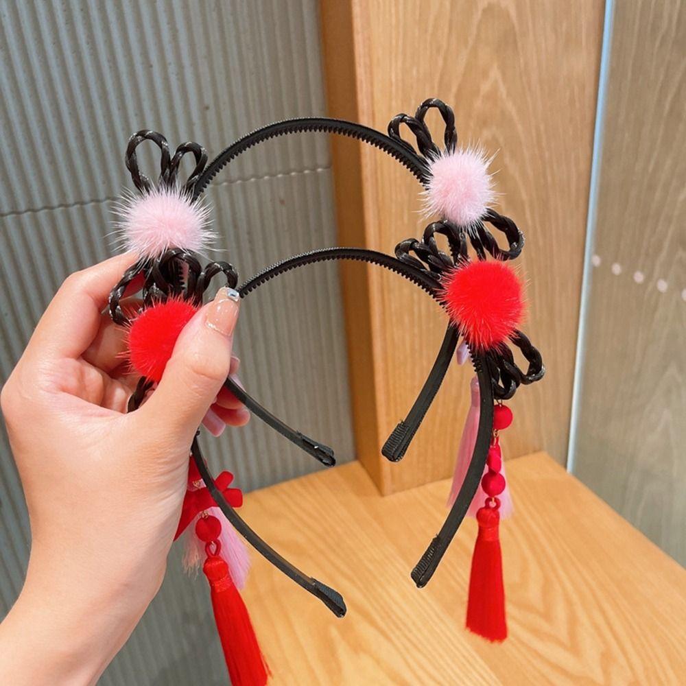Flower Chinese New Year Headwear Braid Hair Hanfu Hair Sticks Children Wig Headband  Children