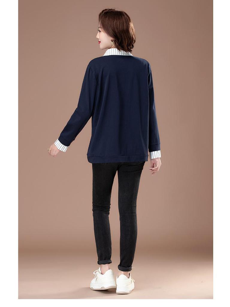 Plus Size Pure Cotton Polo Shirt - Early Autumn Long-Sleeve with Turn-Down Collar for Middle-Aged Women