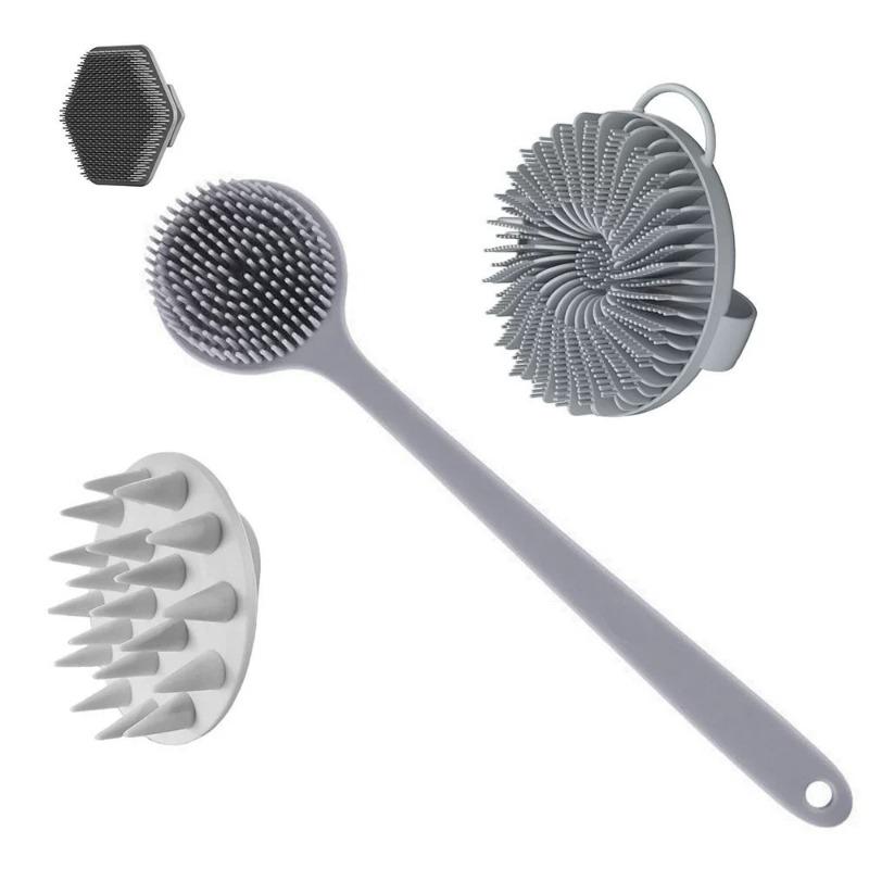 4 Piece Set for Washing Face Hair Taking a Shower with Silicone Facial Cleanser Long Handle Massage