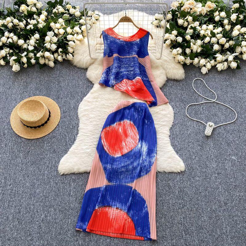 

Western Style Pleated Print Sleeveless Top + High Waist A Word Long Skirt Royal Sister Temperament Light Luxury Set Women Summer Blue One size
