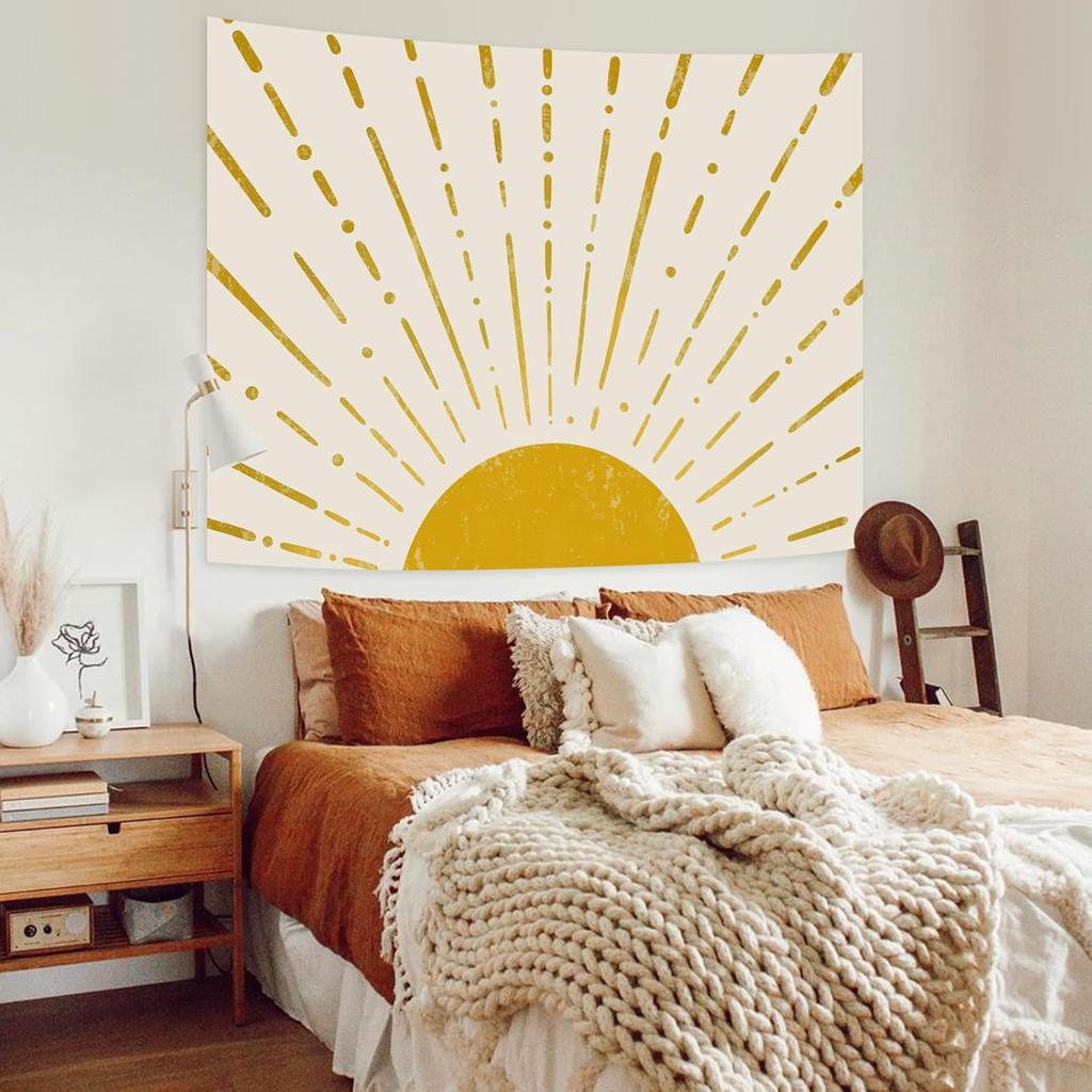 Kanuyee Gold Boho Burning Sun Tapestry Wall Hanging, Retro 70s Abstract Vintage Geometric Line Sunrise Tapestries for Bedroom Living Room Backdrop