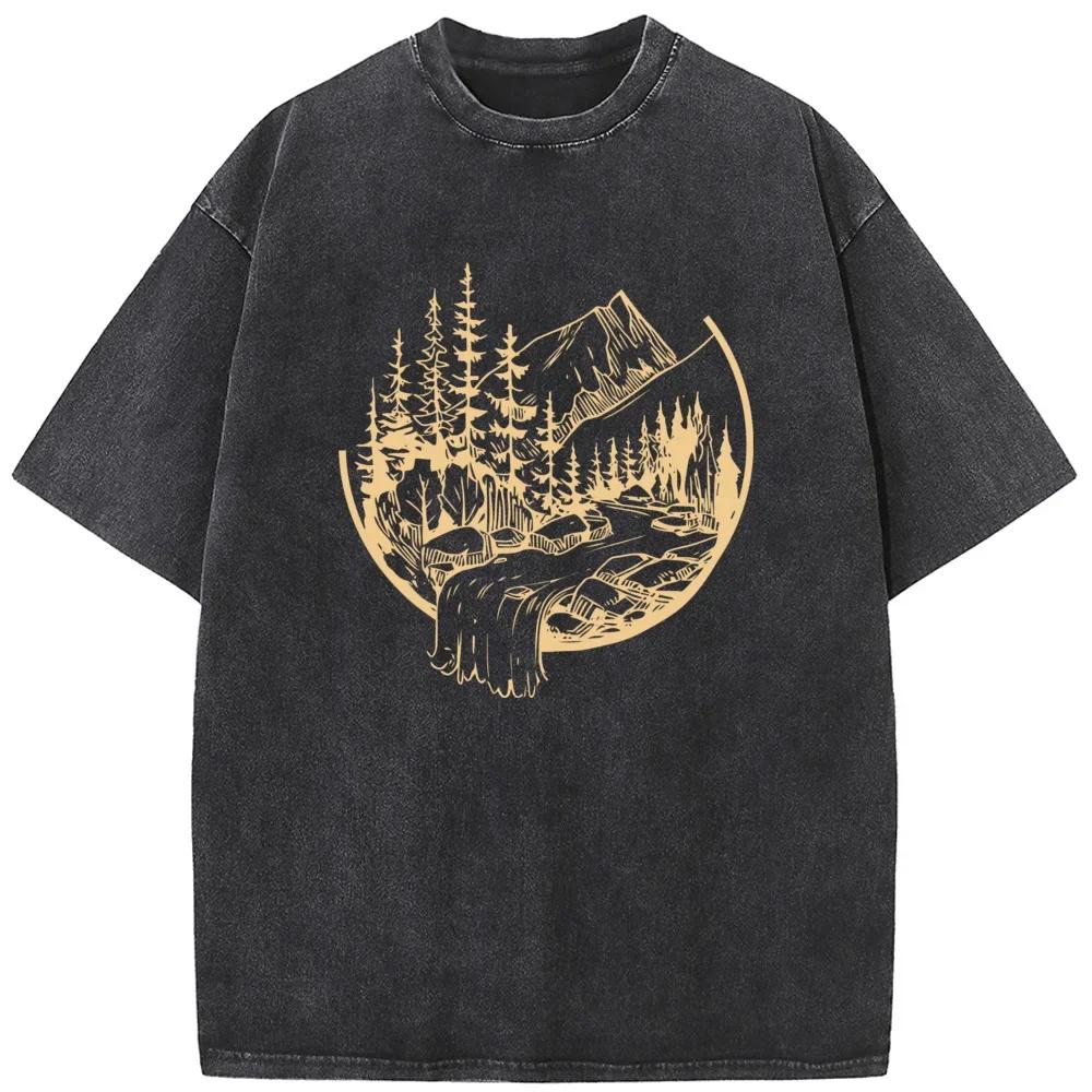 Outdoor Water Quality Men/Women Washed T-Shirt 230g Cotton Funny Bleached Tshirt Retro Hip Hop Bleach T shirt S