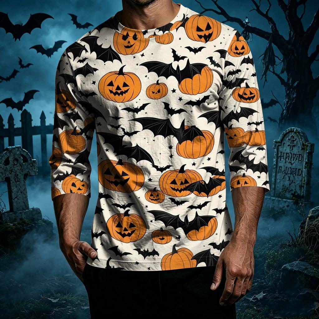 Men Casual Halloween Print Raglan Sleeve T Shirt Crew Neck Three Quarter Sleeve Top for Everyday Wear