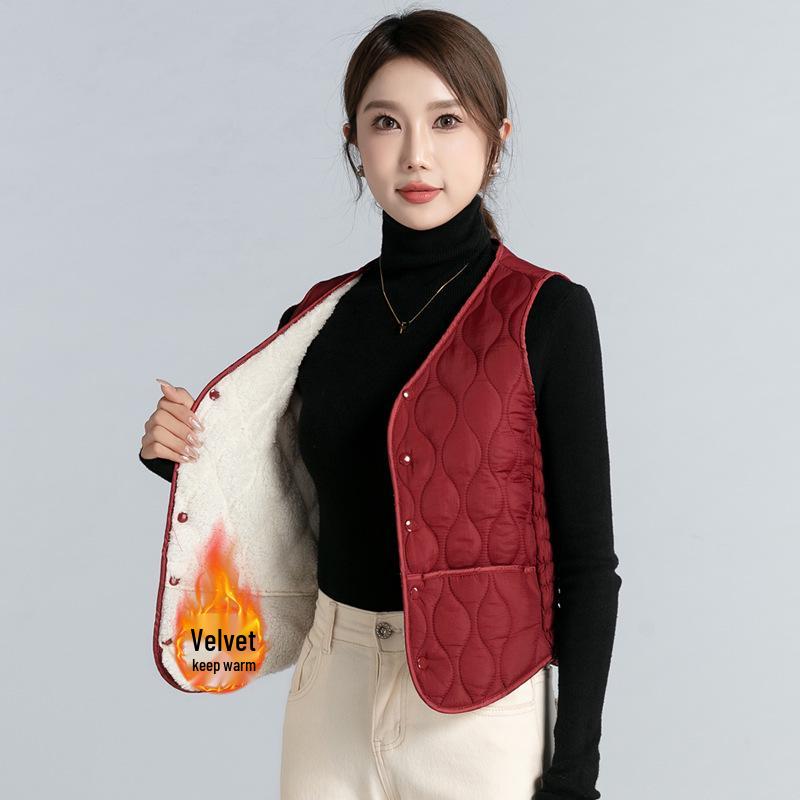 

Women s Fleece-Lined V-Neck Cotton Vest - Warm & Thick for Autumn/Winter Fashion L вина червоного кольору