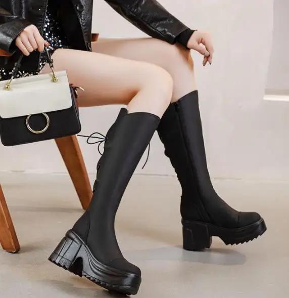 Mode 10CM Mikrofaser Damenstiefel Leder Herbst Plateau Keil Kniehoch Mode Britisch Knöchel Frühling Reißverschluss Synthetische Stiefel Schuhe