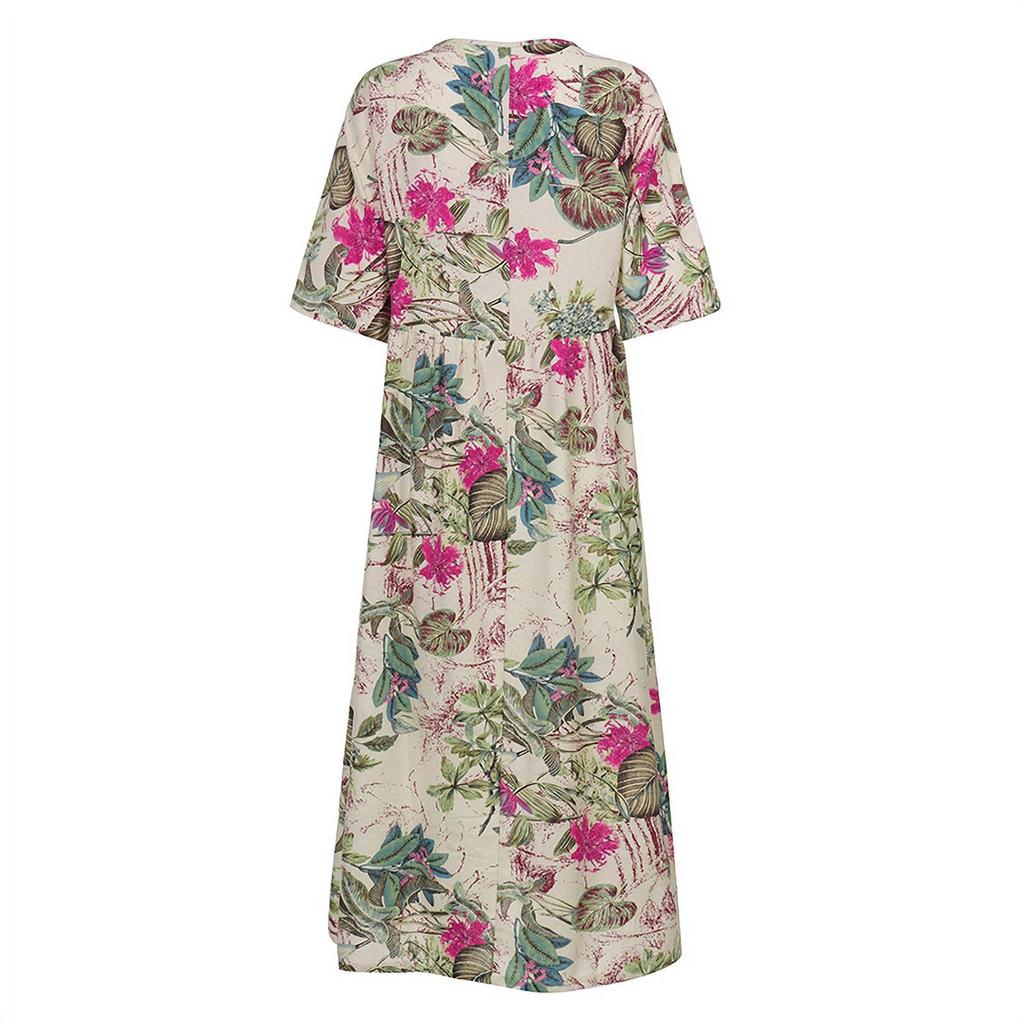 Women's Summer Round Neck 3/4 Sleeve A-Line Skirt Medium Length Printed Loose Dress