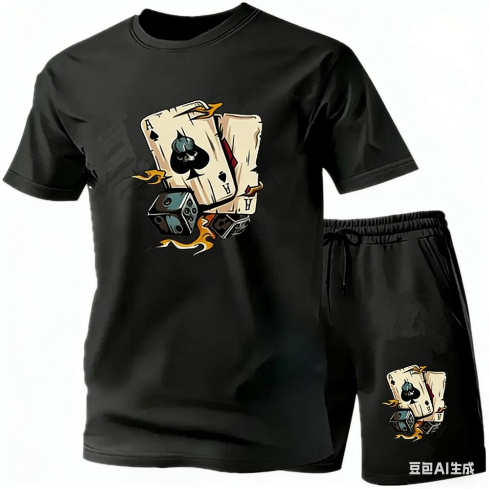 Summer Men's Casual Fashion Poker Element Pattern Printing Comfortable Round Neck Short Sleeved T-shirt and Shorts Set