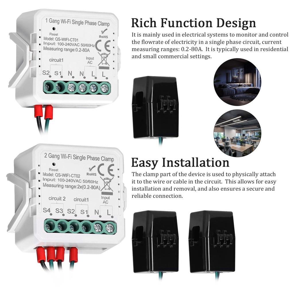 Tuya WiFi 2 Gang 80A Single Phase Clamp Solar PV Bidirectional Two Way Energy Meter Mobilephone APP Control Current