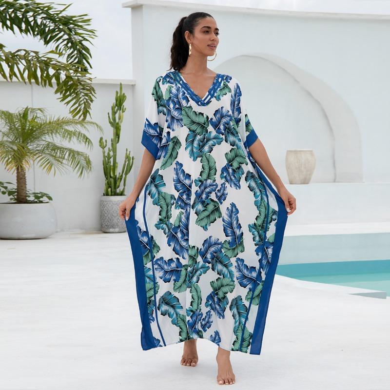 Women's Fashion Summer Spring Solid Color Print 1/2 Sleeves V-Neck Loose Waistline Casual Dresses