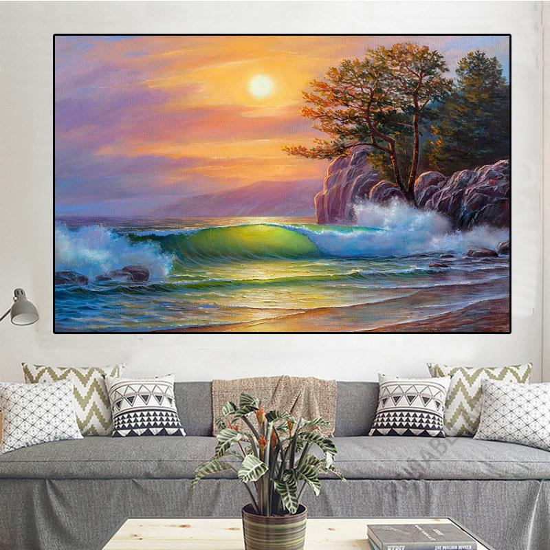 Obraz olejny Vintage Fale Morskie Wydrukowany na Płótnie Statek Zachód Słońca Pejzaż Plakaty i Druki do Dekoracji Salonu Cuadros