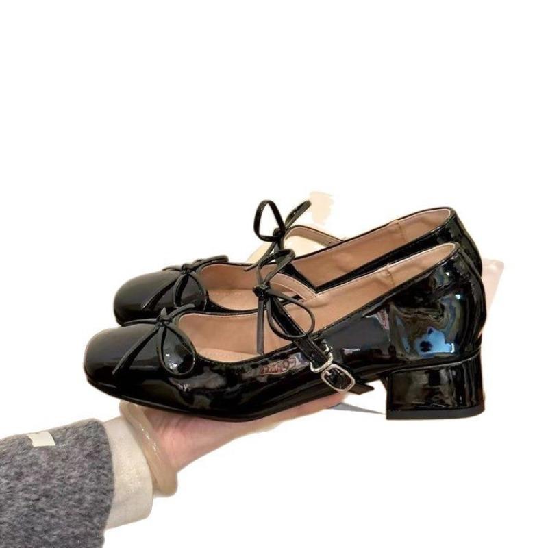 Square Head Bow Mary Jane Shoes New College Style Thick Heel Small Leather Shoes with Skirt Fashion Shoes