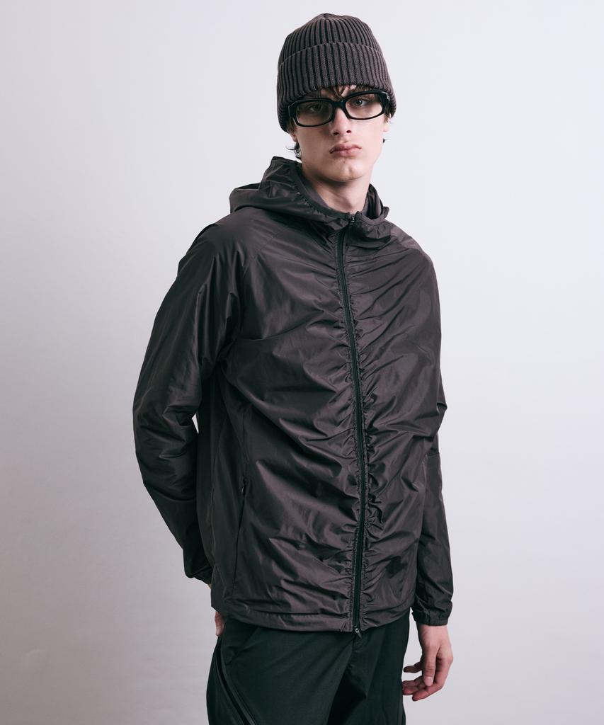 LEARVE Nylon Shirred Hooded Zip-Up Jacket Brown