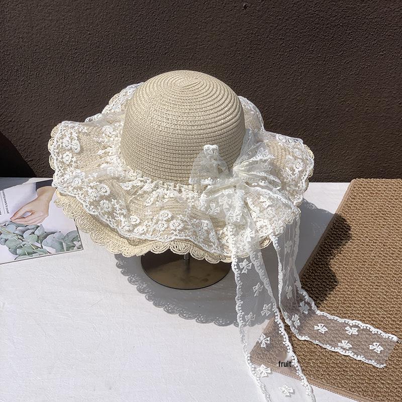 Women's Wide Brim Straw Hat with Lace Bow - Summer Beach Vacation Sun Protection