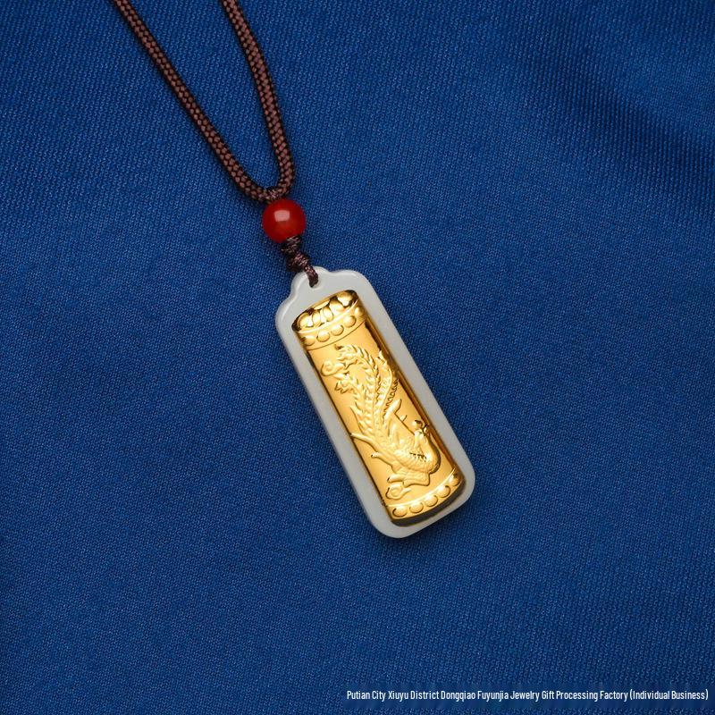 Gold-Inlaid Jade Dragon & Phoenix Pillar Pendant - 3D Solid Gold Dragon & Phoenix with Square Jade Plate