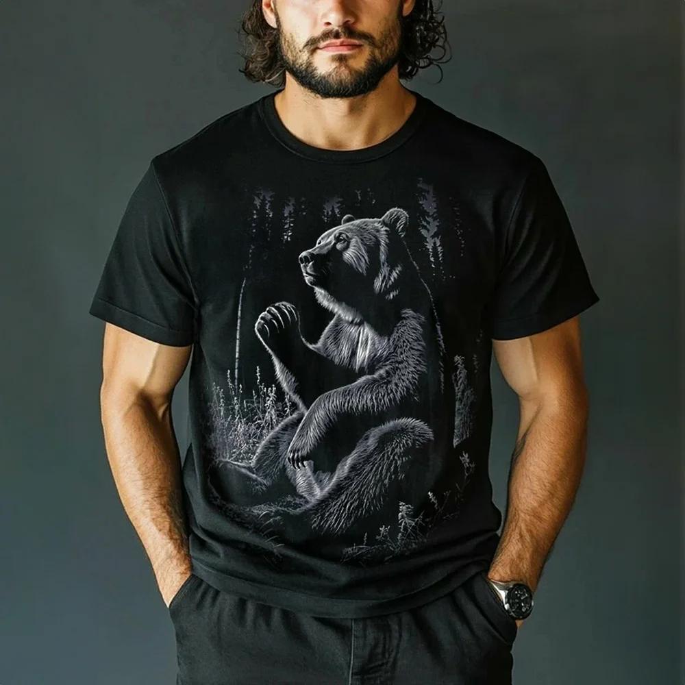 Summer Round Neck 3D Brown Bear Print Top Fashionable Casual Short Sleeved Men's T-shirts