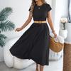Women Short Sleeve Crew Neck Casual Loose Fit Pleated Midi Dress with Pocket Comfortable Everyday Wear Suitable for Various Occasions