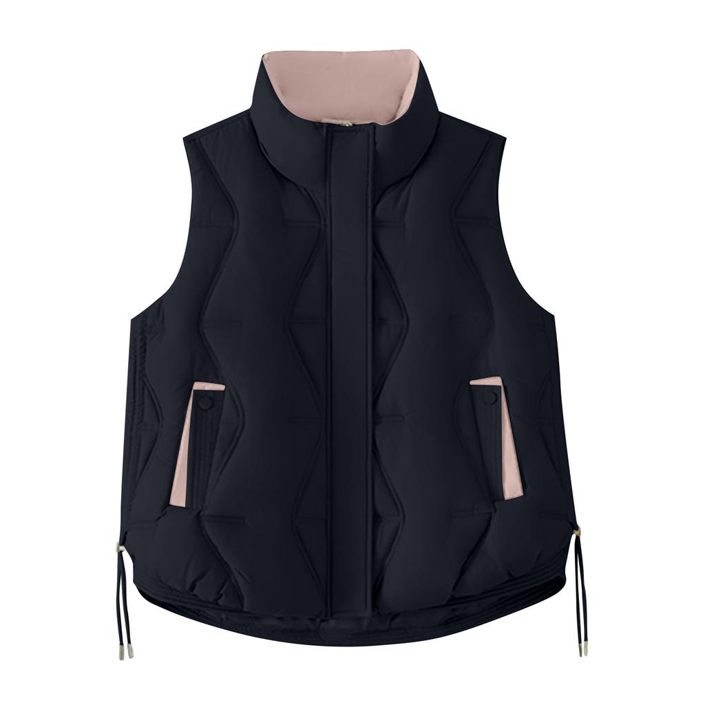 Women's Solid Color Fashionable Pocket Stand Up Collar Button Vest Jacket