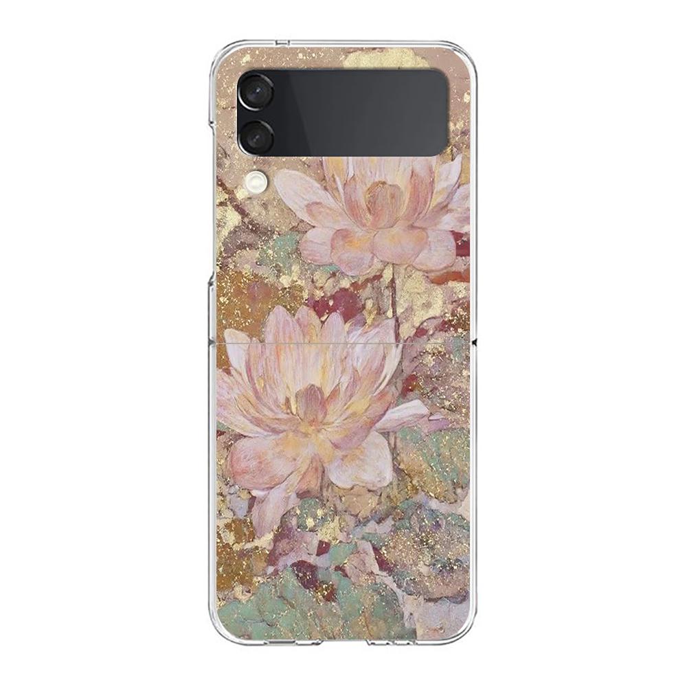 Transparent Phone Case For Samsung Galaxy Z Flip 3 4 5 6 7 Hard Folding PC Z Flip3 Flip4 Cover Flower Cute Fairy Fish Painting