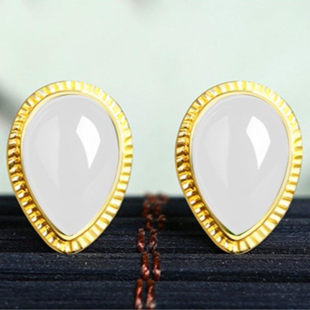 Vintage Gold Plated Jasper Stud Earrings Women White Jade Gold Agate Inlaid Elegant Dainty Jewelry Gift