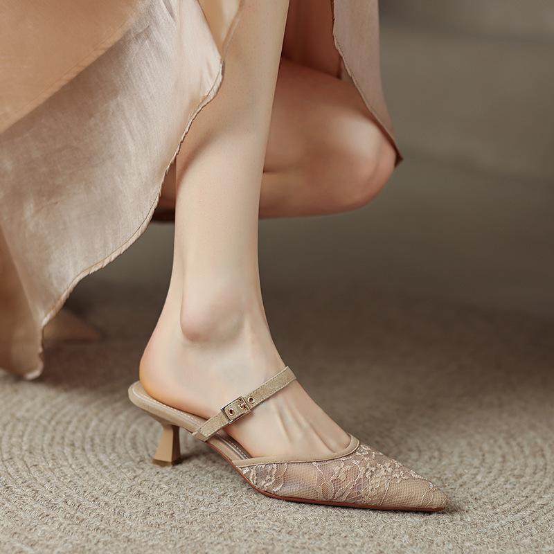 

One word with slippers women s summer new temperament medium high heels outer wear simple square head thin heel sandals 39 абрикосовий