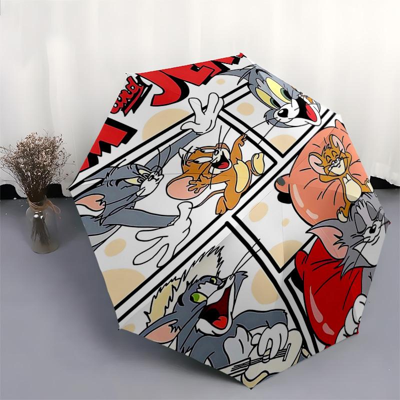 1pc Tom & Jerry Automatic Folding Umbrella - Portable 3-Fold Design with 8-Bone Iron Frame, Outdoor for Fans, Travelers, Daily Use, Gift Idea.Q049