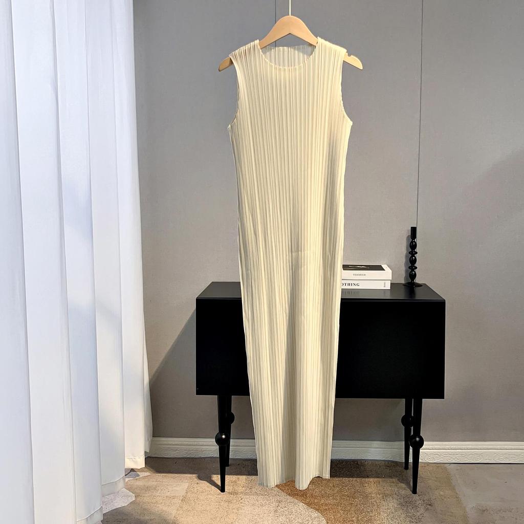 Dámské jednobarevné letní maxi šaty Miyake bez rukávů, plisované, slim-fit