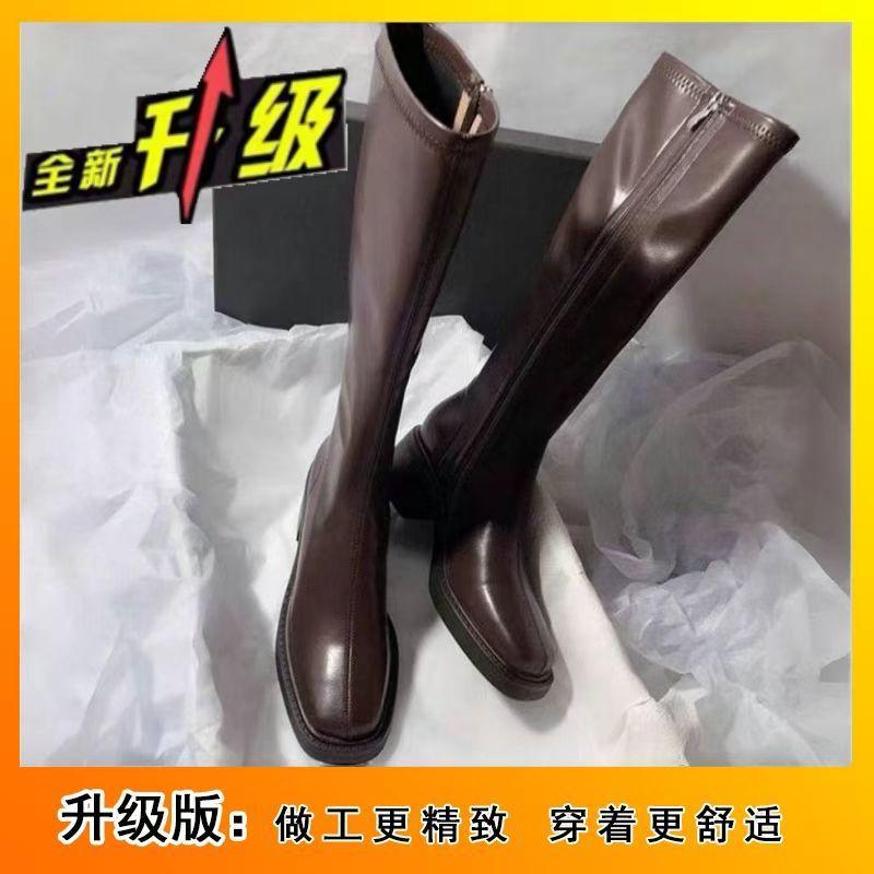 Square Head Side Zipper Slim Tall Boots 2025 Autumn and Winter New Retro Style Thick Heel But Knee Martin Boots Women