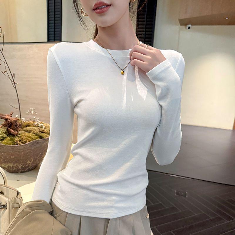 Women's Double-sided Thermal Base Layer Shirt - Round Neck, Brushed, Warm, Solid White T-Shirt for Autumn/Winter, 2025 New Style